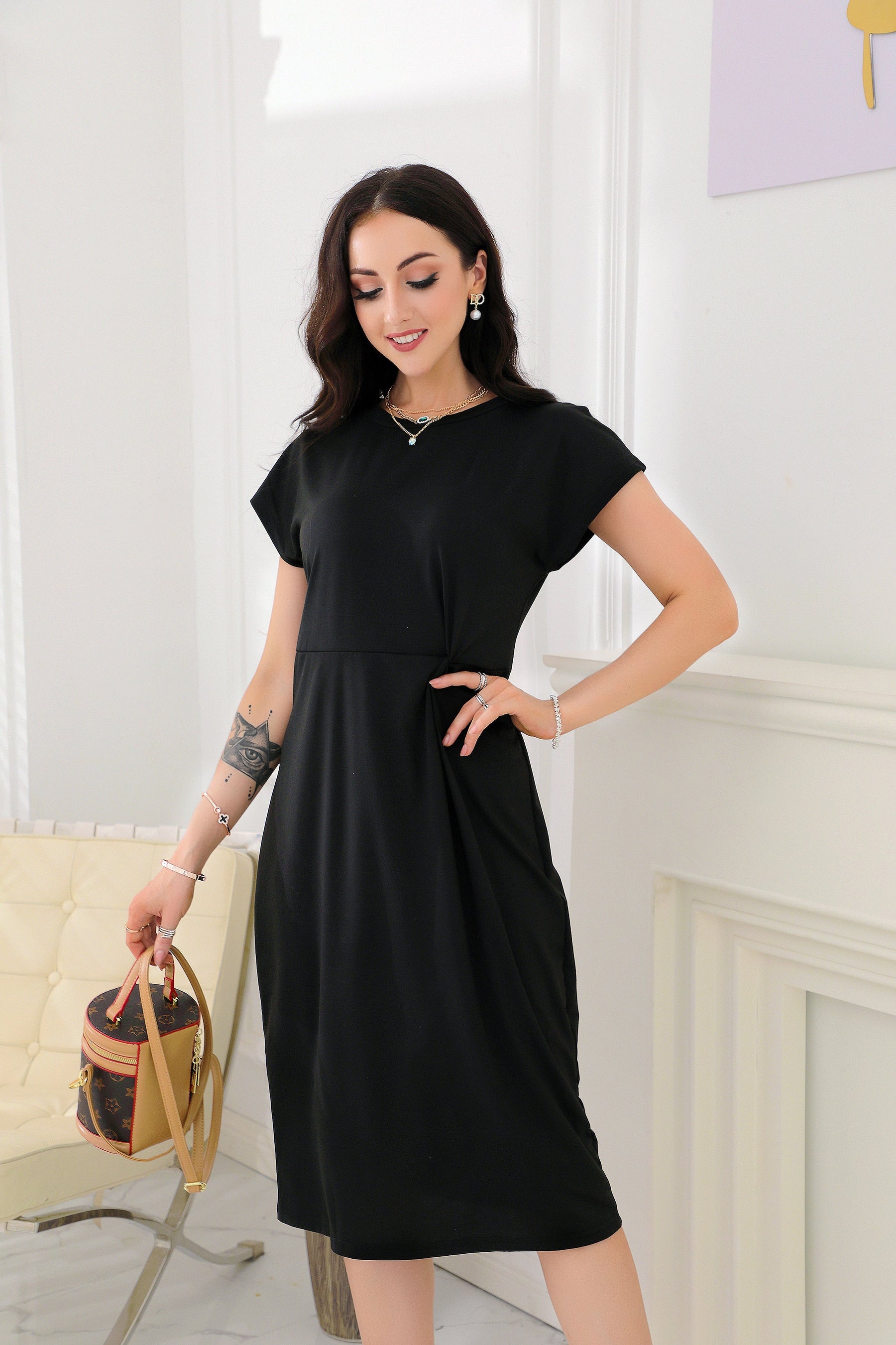 SpringStil® - Plain shift dress with knotted back neckline