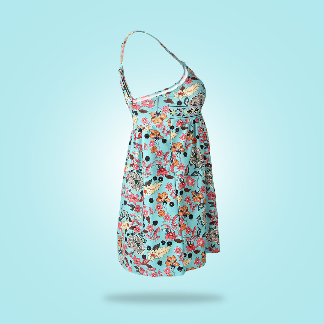 SpringStil® - Turquoise blue tankini swimsuit with floral print