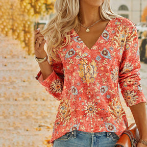 FallStil® - Boho Summer Flower Red V-Neck Top