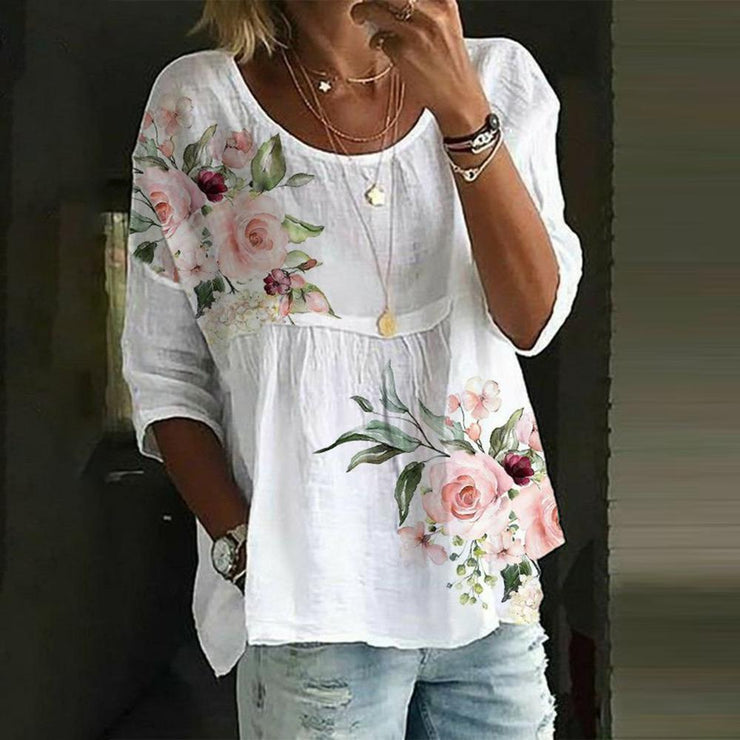 FallStil® - Pink Green Floral Print White Tunic Top