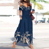 SpringStil® - Cobalt blue summer maxi dress with pleated V-neck and cold shoulders