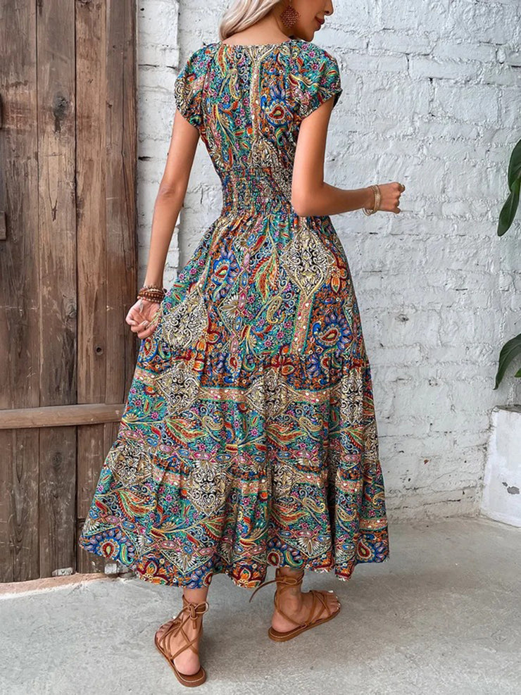 FallStil® - Colorful Paisley Gathered Waist Long Summer Dress