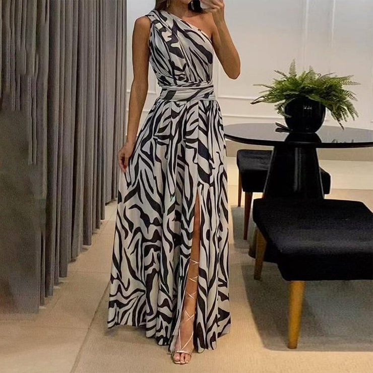 SpringStil® - White Black Zebra Print Asymmetric Maxi Dress with Front Slit