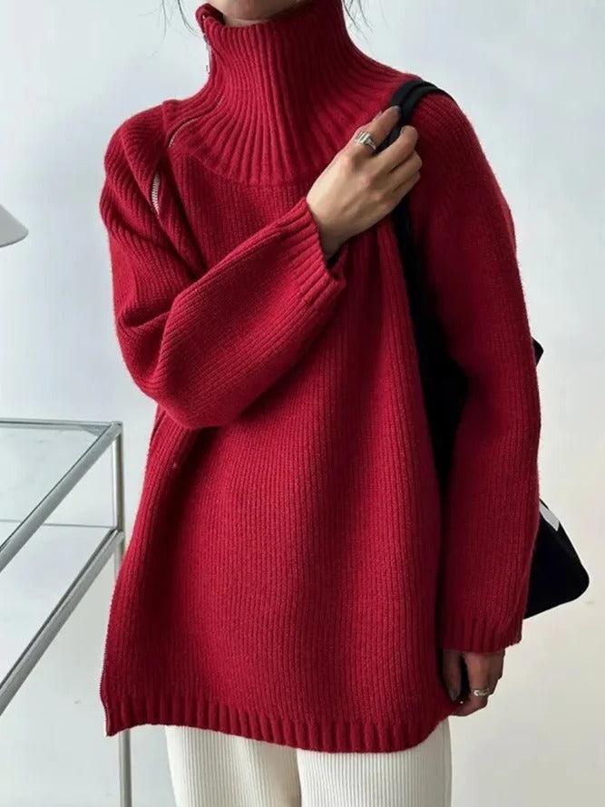 HerbstTrend® - Roter einfarbiger Pullover mit hohem Ausschnitt