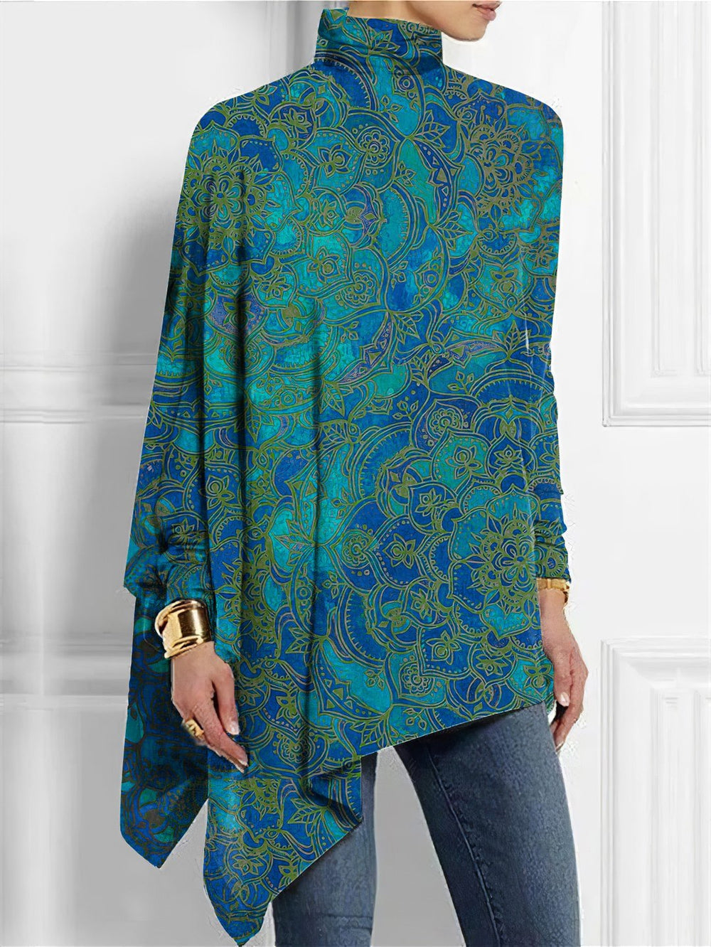 FallStil® - Paisley Green-Blue Ombre Mock Neck Top