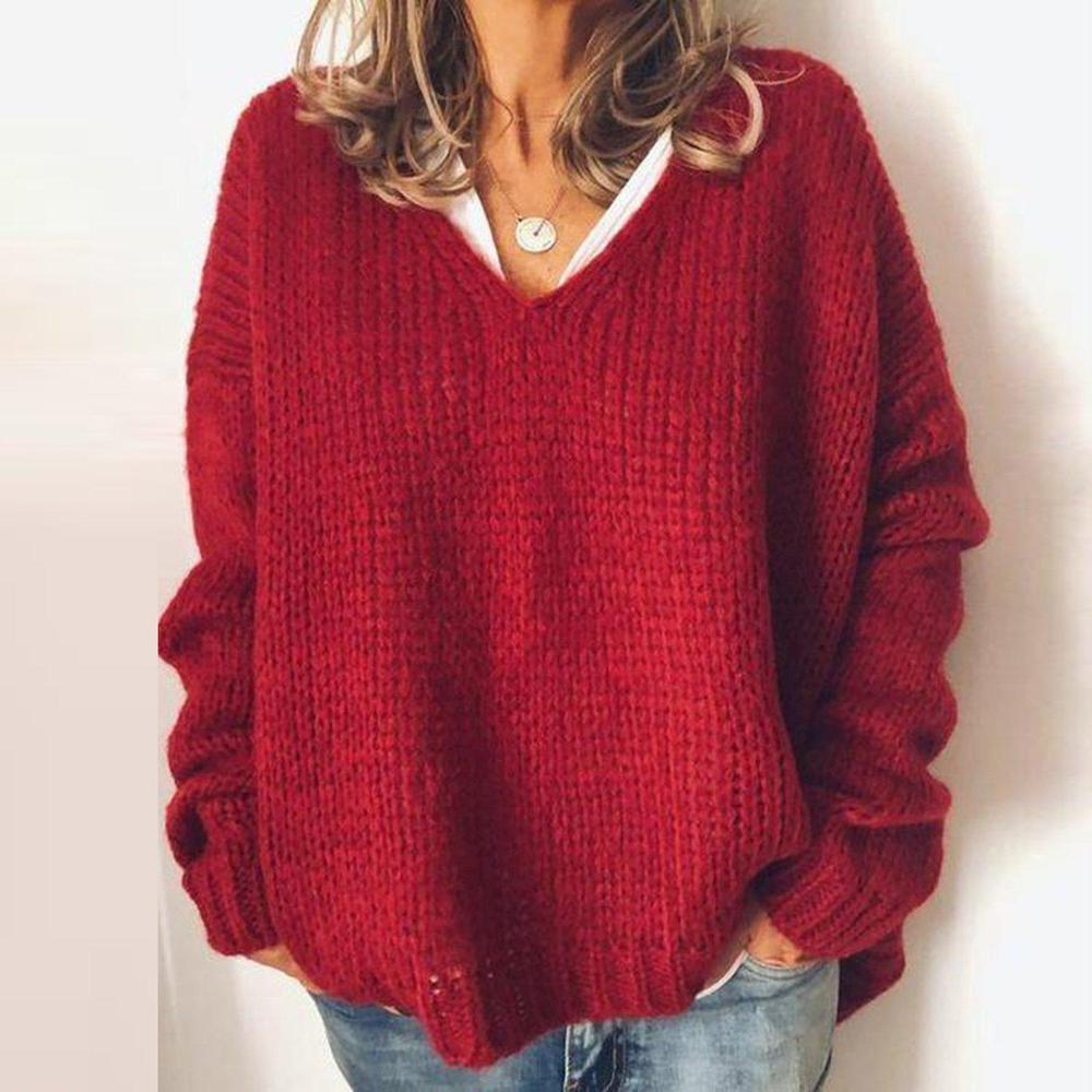 WinterStil® - Solid red sweater with V-neck for a good mood