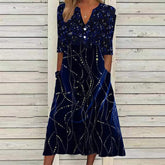 Naturlux® - Midnight Blue Constellation Line Print Side Pocket Midi Dress