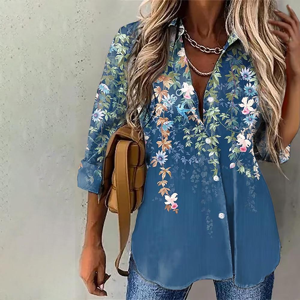 FallStil® - Blue blouse with floral print and leaves