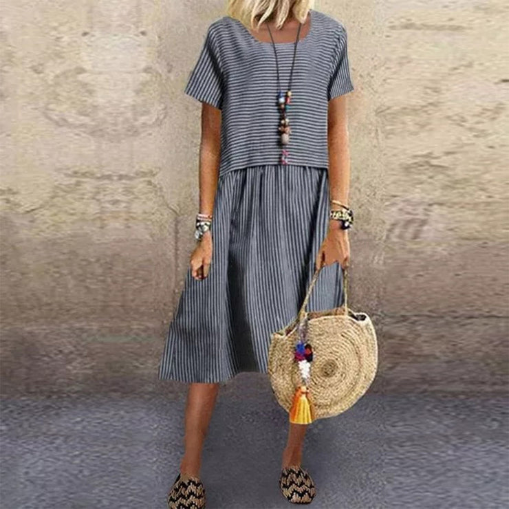 SpringStil® - Navy and white striped midi dress with short sleeves