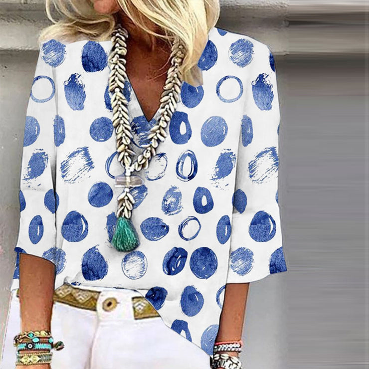 FallStil® - Abstract blue dotted white v-neck tunic top