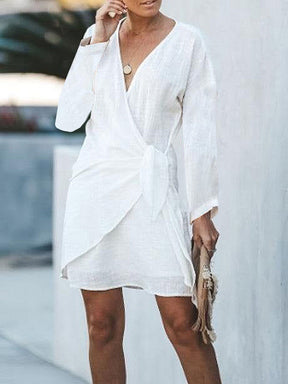 PureWear® - White Long Sleeve Tie Side Wrap Summer Mini Dress