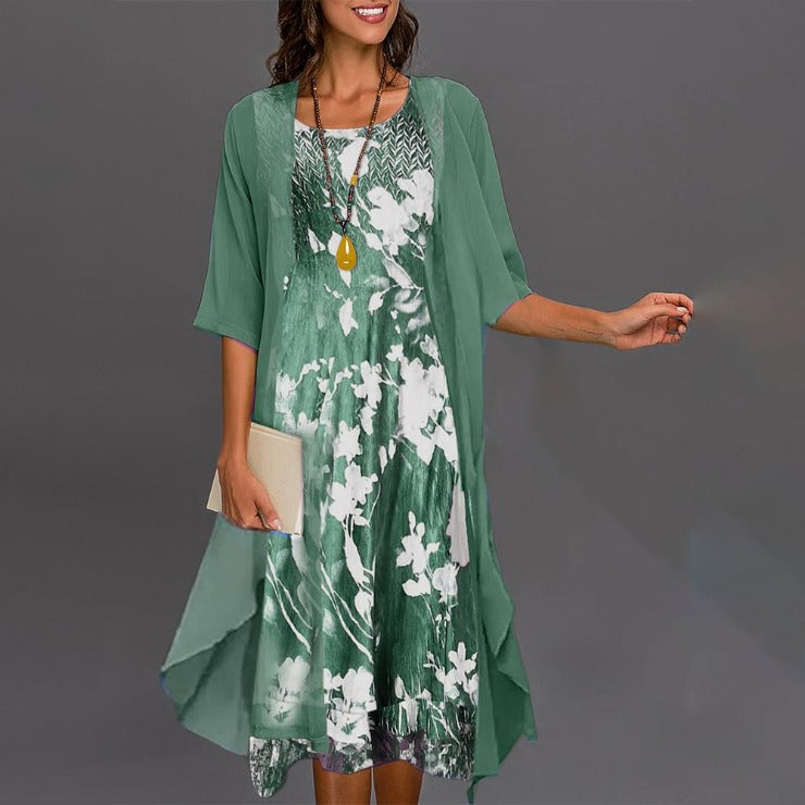 FallStil® - Green two-piece dress with floral pattern