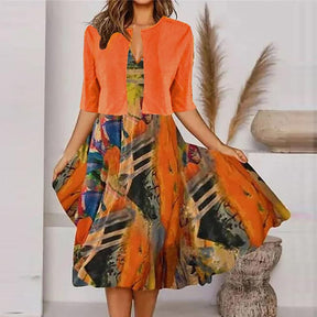 FallStil® - Orange midi dress with half sleeves and V-neck