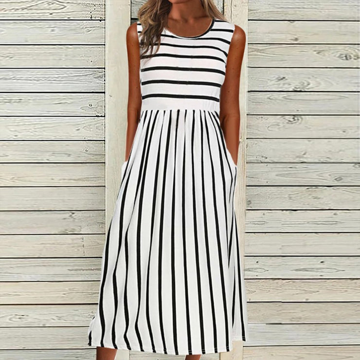 SpringStil® - Black and white striped sleeveless midi dress with side pockets