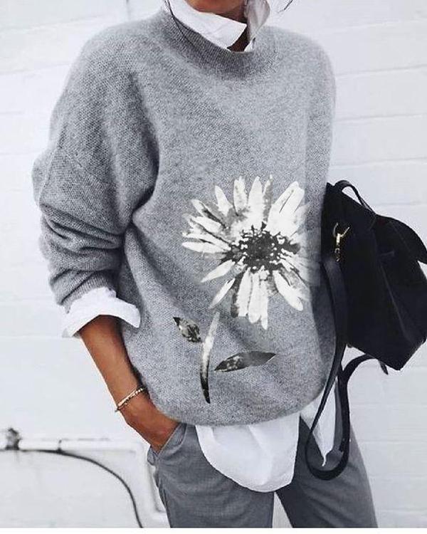 Naturlux® - White Daisy Gray Long Sleeve Sweater