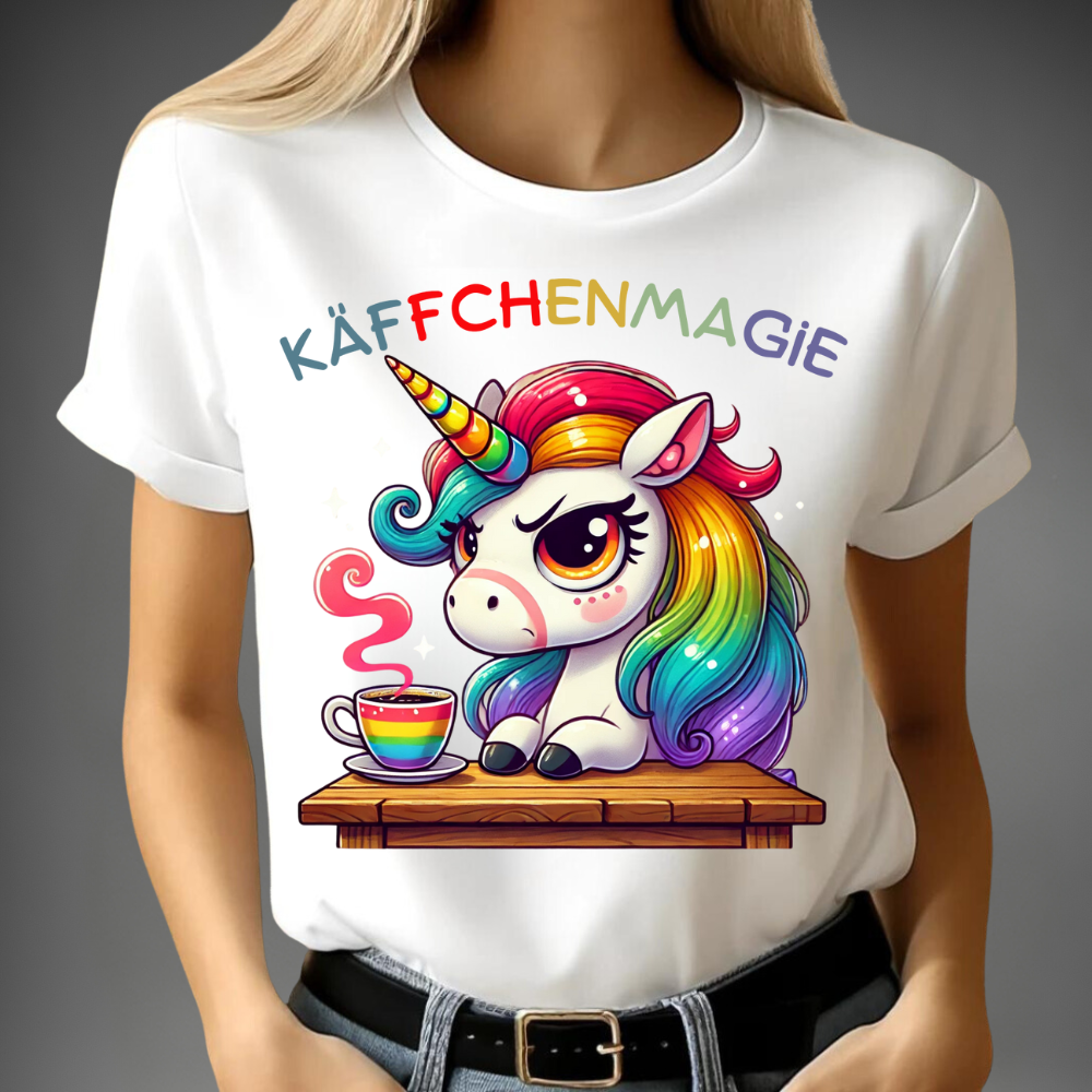 Kaffechenmagie Einhorn | Lustiges Statement Shirt mit Regenbogen-Unicorn | Ideal für kalte Wintertage | Damen T-Shirt aus 100% Baumwolle