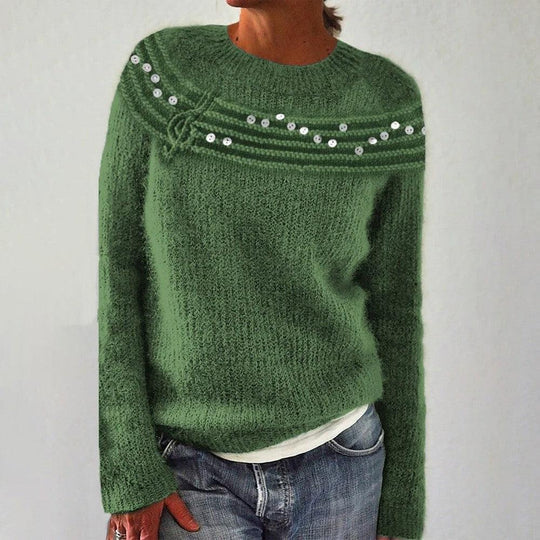 WinterTrend® - Green round neck sweater with long sleeves