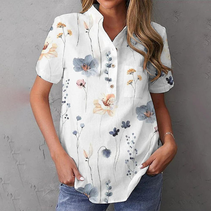 SpringStil® - Watercolor Flower Garden White Short Sleeve Top