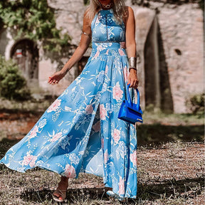 Purewear®- Blue printed maxi dress with halter