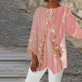 Naturlux® - Pink Marble Gold Print Uneven Hem ¾ Sleeve Top