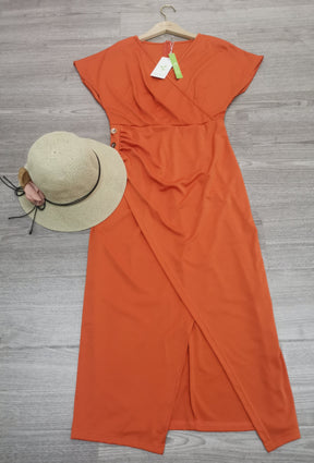 FallStil® - Orange solid V-neck midi dress