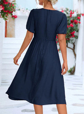 SpringStil® - Navy blue solid midi dress with short sleeves