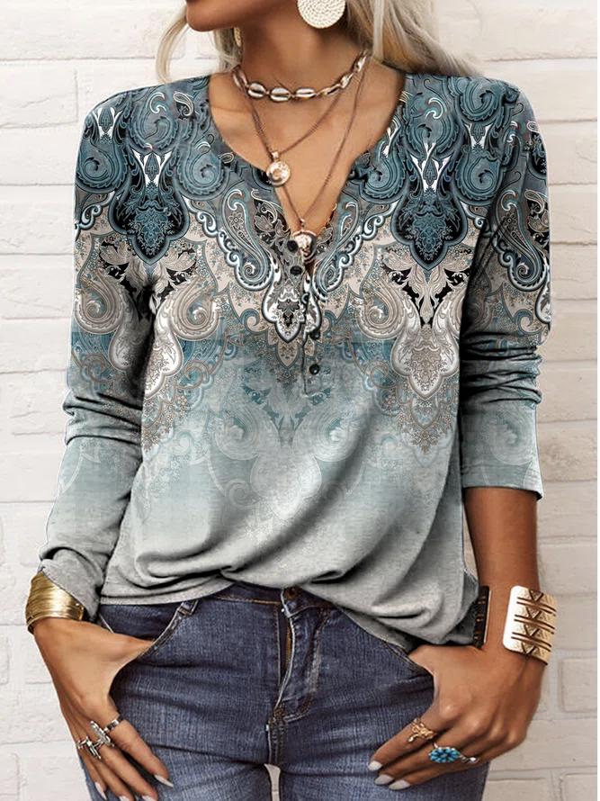 FallStil® - Blue-Gray Oceanic Luxe Print V-Neck Long Sleeve Top