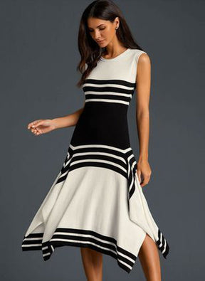 Naturlux® - Striped Black Apricot Color Block Asymmetric High Neck Dress