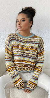 Reunification® - Sweater with eyelet knit and ethnic print