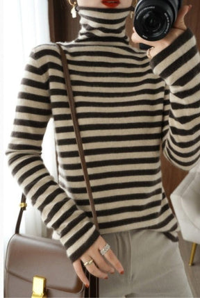 PureWear® - Neutral and Coffee Horizontal Striped Turtleneck Sweater