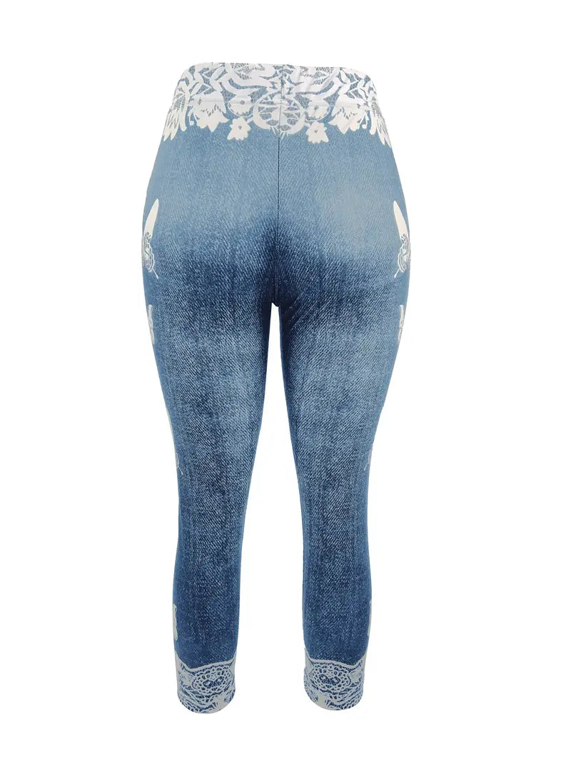 BioBlüte® - Blue Denim Lace Butterfly Capri Jeans