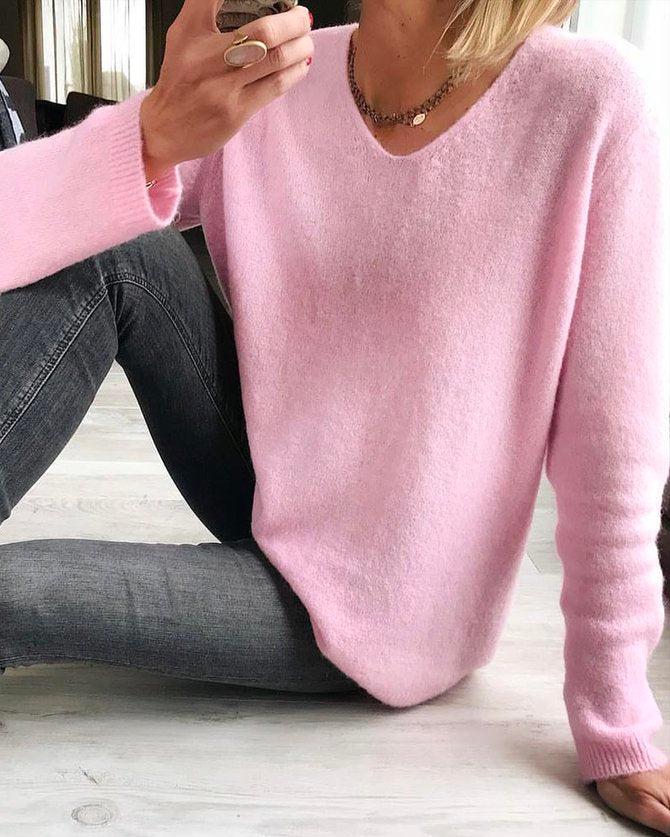 HerbstTrend® - Süßer rosa einfarbiger Pullover mit langen Ärmeln