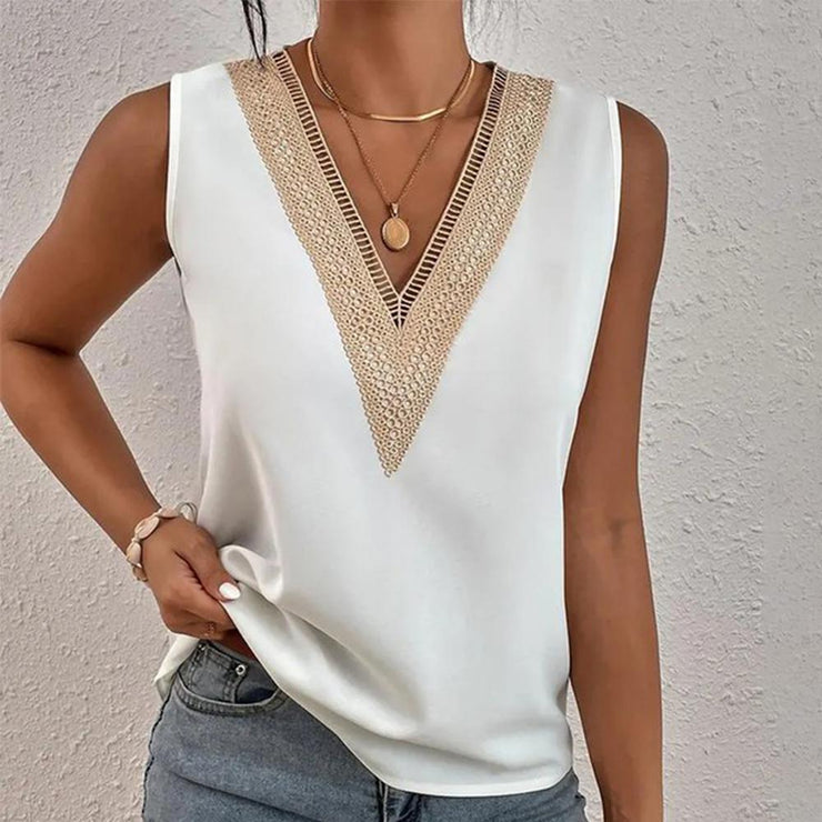 FallStil® - White sleeveless top with beige lace trim