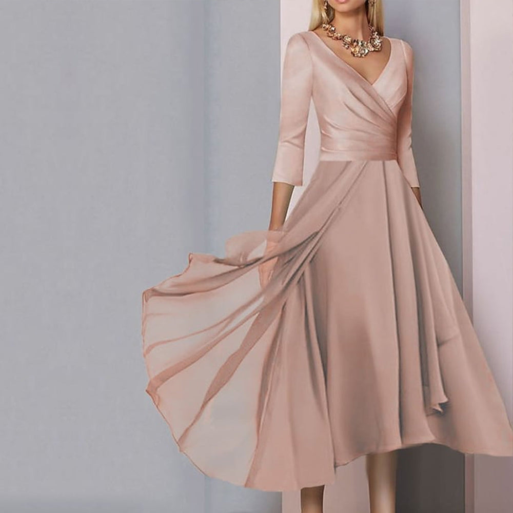 SpringStil® - Light pink pleated ¾-sleeve A-line maxi dress