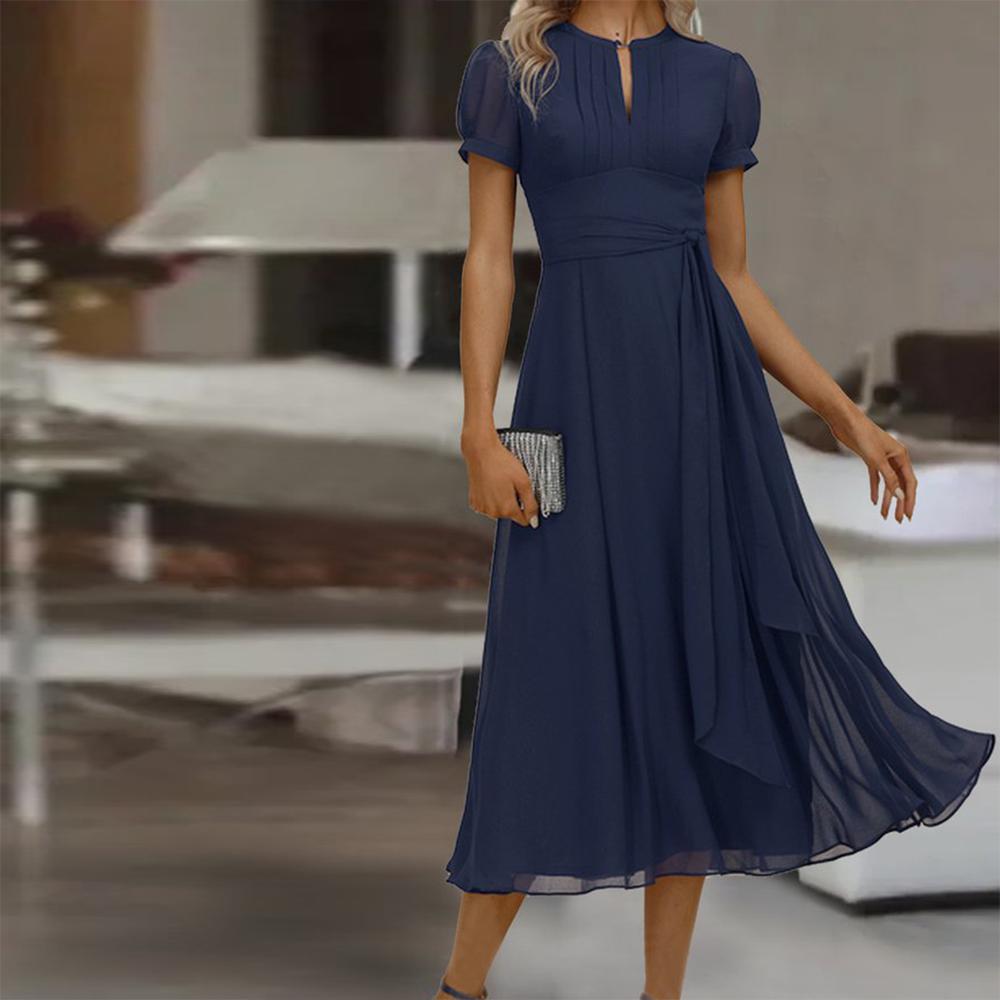 SpringStil® - Navy blue solid midi dress with short sleeves