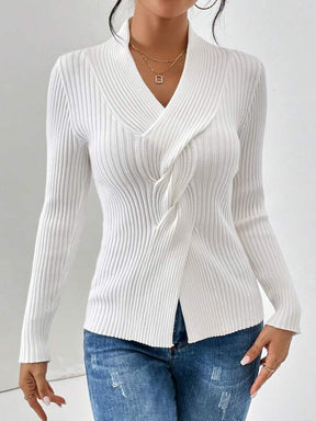 HerbstTrend® - White plain sweater with V-neck and long sleeves