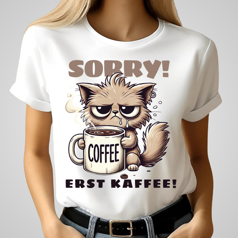 Sorry Erst Kaffee Shirt | Lustiges Katzen T-Shirt | Kaffee Statement | Humorvolles Winterdesign für Damen