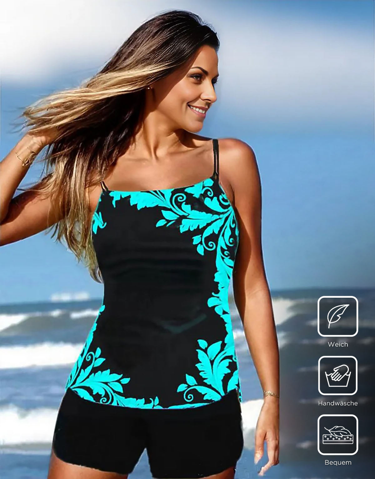 CabanaCouture® - Dreamy plant print sleeveless blue swimwear