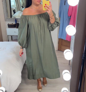 BlütenBliss® - Baggy Green Plain Off Shoulder Maxi Dress