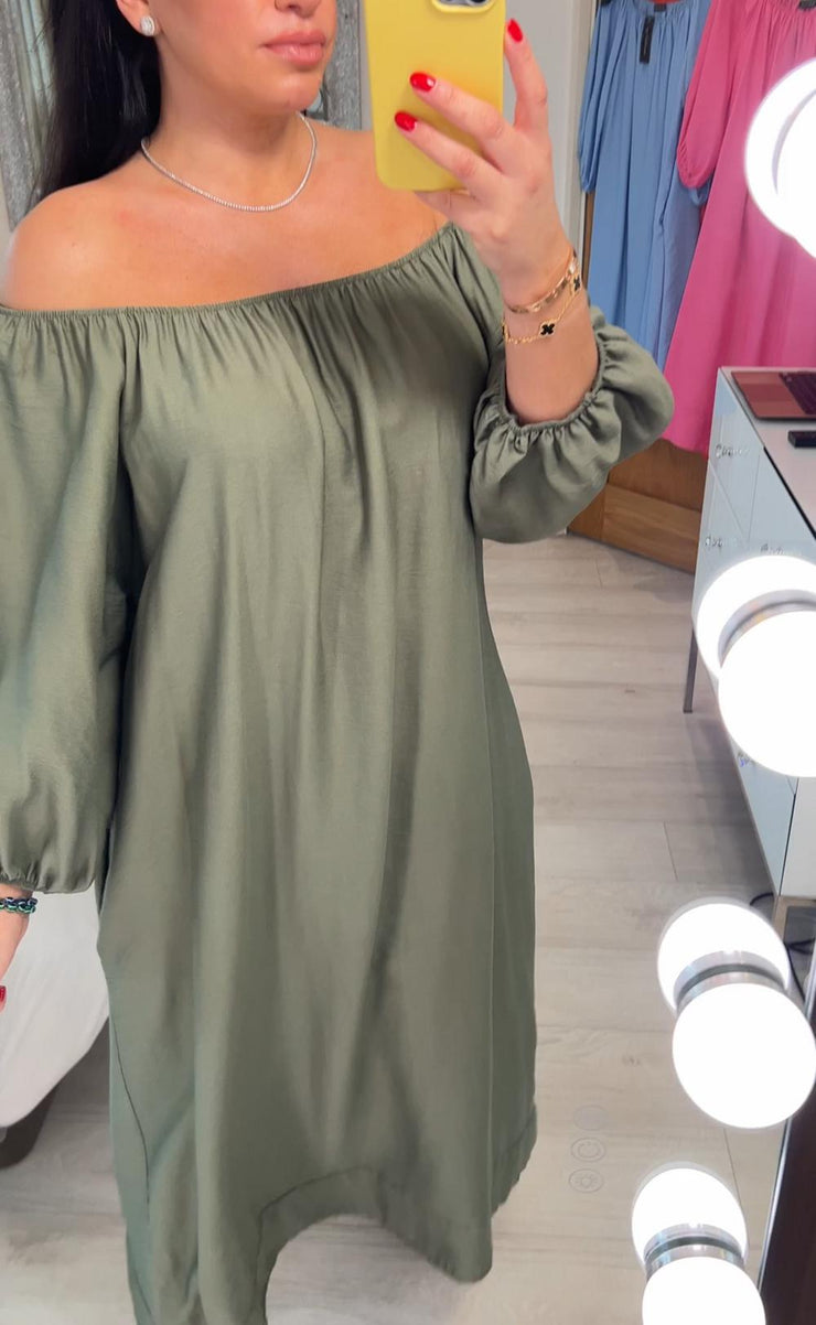 BlütenBliss® - Baggy Green Plain Off Shoulder Maxi Dress