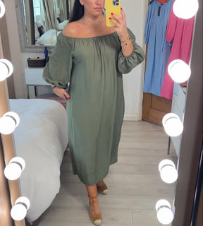 BlütenBliss® - Baggy Green Plain Off Shoulder Maxi Dress