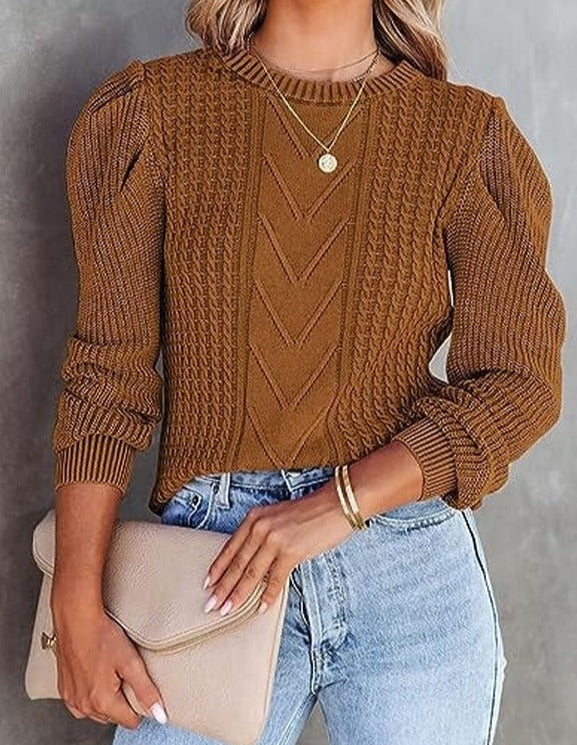 WinterTrend® - Brown plain long-sleeved sweater with round neck