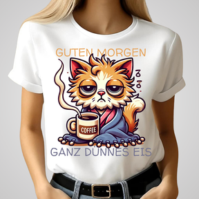 Guten Morgen Katze | Lustiges Statement Shirt | Humorvolles Katzen-Design | Perfekt für Kaffeeliebhaber | Damen T-Shirt für den Winter