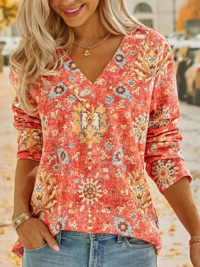 SpringStil® - Boho Summer Flower Red V-neck Top