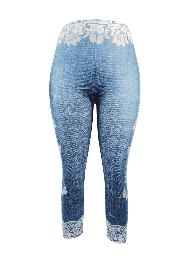 BioBlüte® - Blue Denim Lace Butterfly Capri Jeans