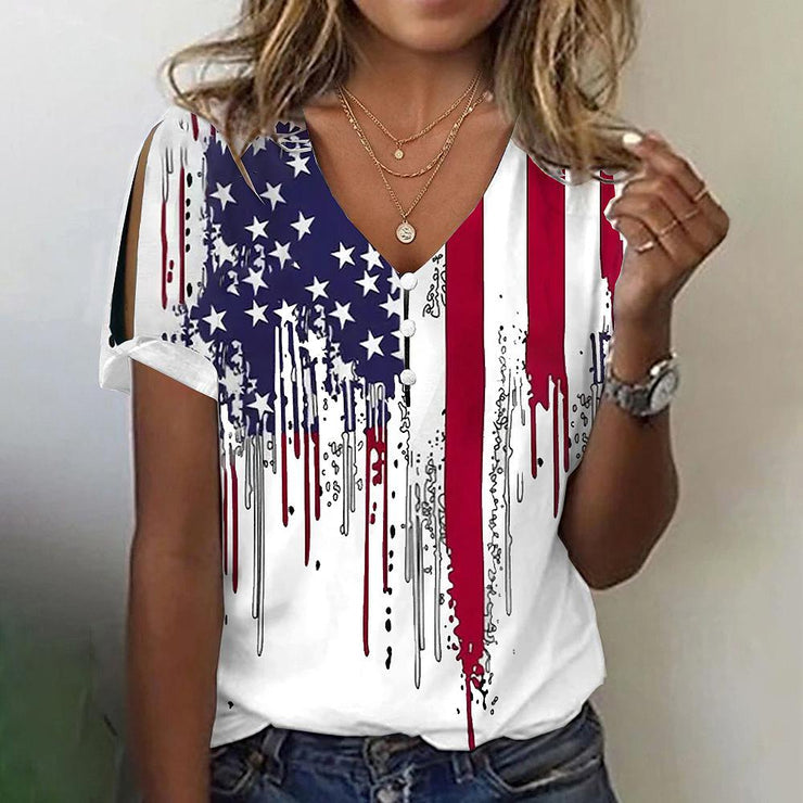 BlütenBliss® - USA Flag Dripped Split Sleeve White T-Shirt