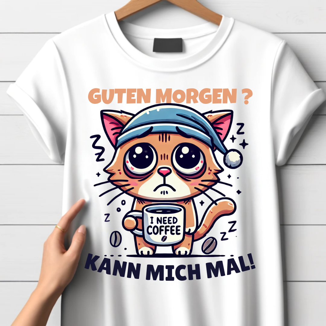 Guten Morgen Katze | Lustiges Kaffeeliebhaber-Shirt | Humorvolles Design für Wintertage | Statement-Shirt für Katzenfans