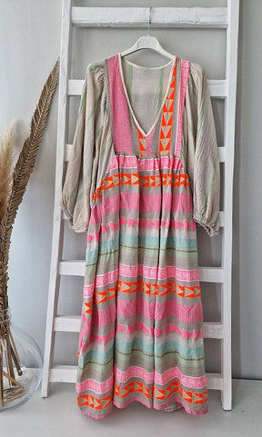 FallStil® - Pink striped midi dress with Greek key and orange chain