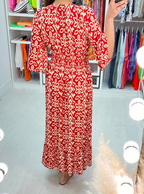 PureWear® - Red mosaic print maxi dress with 3/4 sleeves