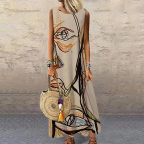 SpringStil® - Abstract Art Apricot Sleeveless Maxi Dress